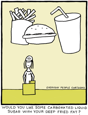 comic about unhealthy, sugar and fat fast food and the upsell at restaurants