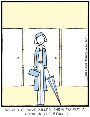 comic about a washroom bathroom stall without a hook for your coat