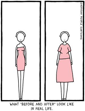  A comic about what before and after look like in real life after dieting.