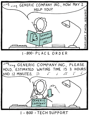 Comic about being on hold while waiting for technical support.