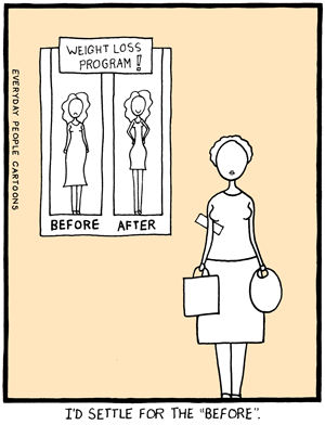 Comic about before after weight loss programs, and how don't work.