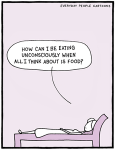 Comic about eating unconsciously, and the benefits of mindful intuitive eating, and mindfulness.