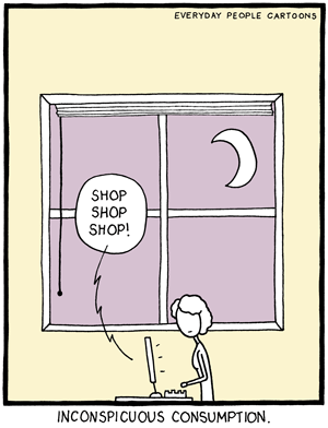 a comic about shopping addiction, and not practicing mindfulness.