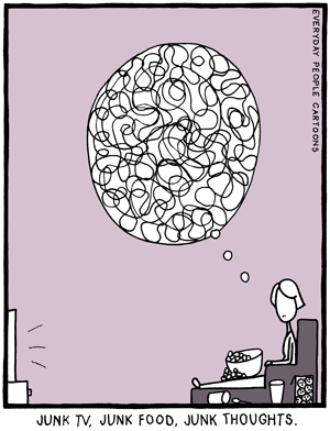 Comic about binge watching, eating and thinking, and mindfulness..