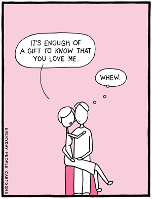 A comic about gift giving in a romatic relationship. love language.
