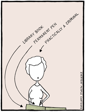 a comic about vandalizing library books, defacing them, marking them