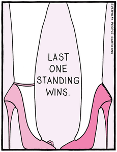 Comic about women wearing spiked heels and having a hard time standing.