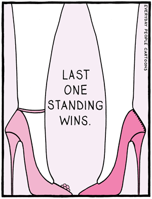 Comic about women wearing spiked heels and having a hard time standing.