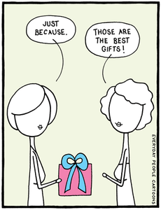 a comic about buying gifts for friends, just because friendship presents, for no reason.