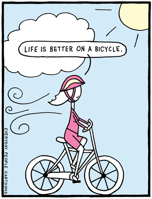 A comic about riding a bicycle and loving it. Bike enthusiast, wearing a helmet.